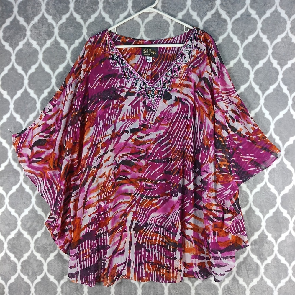 Bob Mackie Wearable Art Kaftan Top Women 3X Pink Orange Abstract Embellished